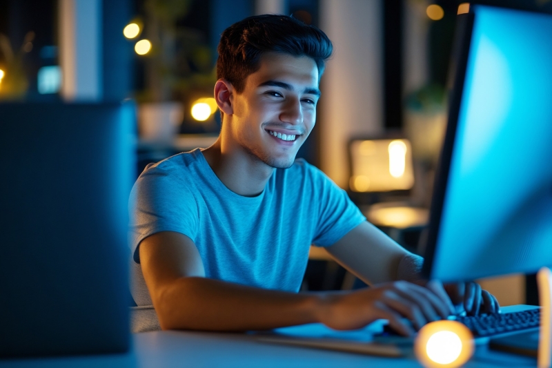 jovem sorrindo enquanto digita no computador